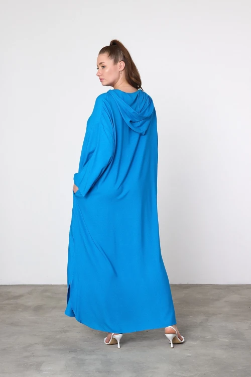 Mavi Nakış İşlemeli Maxi Boy Örme Viscon Elbise