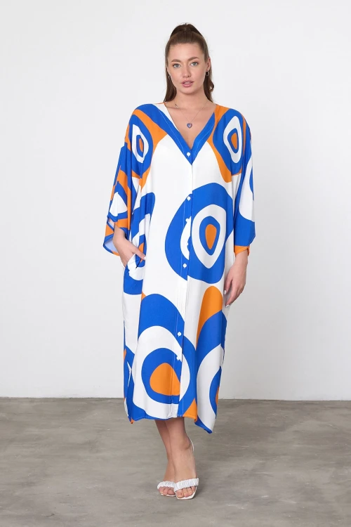 Maxi Boy Mavi Turuncu Baskılı Dokuma Viscon Elbise BCVL-25905