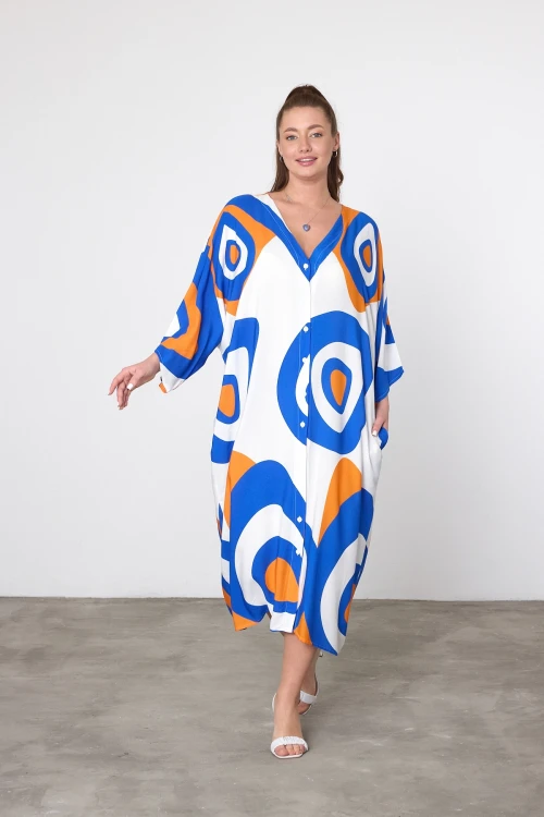 Maxi Boy Mavi Turuncu Baskılı Dokuma Viscon Elbise BCVL-25905