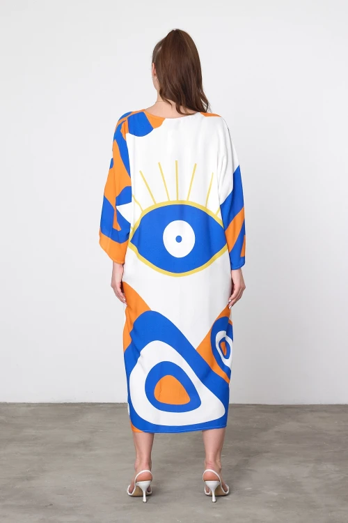 Maxi Boy Mavi Turuncu Baskılı Dokuma Viscon Elbise BCVL-25905