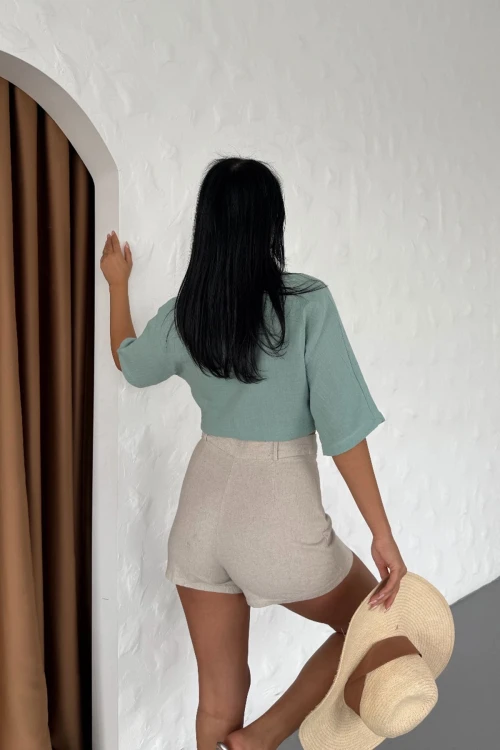 Mint Müslin Keten Bağlamalı Bluz BCBT-251000