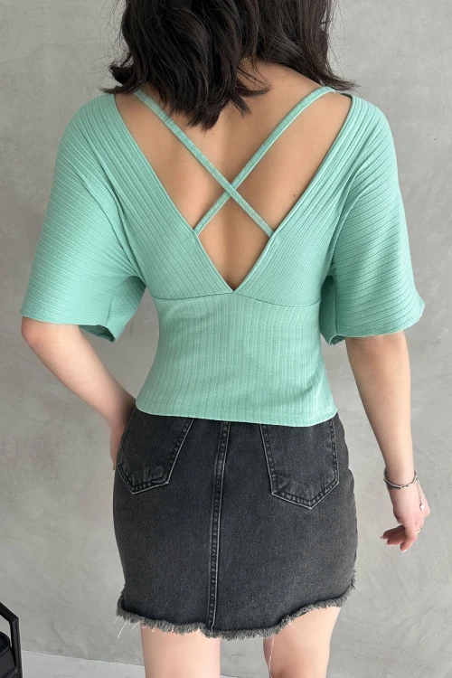 Mint V Yaka Sırtı Çapraz Bantlı Fitilli Bluz  BCDF-252177
