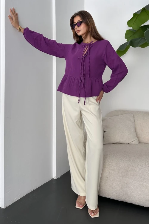 Mor Bağcık Detaylı Etek Ucu Volanlı Keten Bluz BCDF-242106