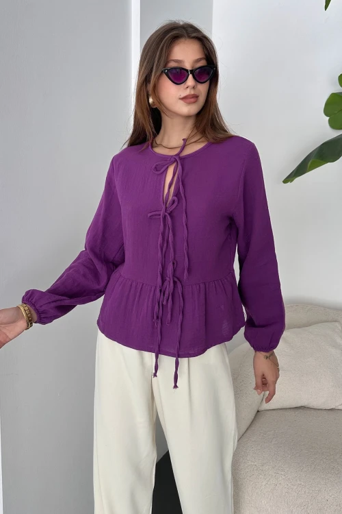 Mor Bağcık Detaylı Etek Ucu Volanlı Keten Bluz BCDF-242106