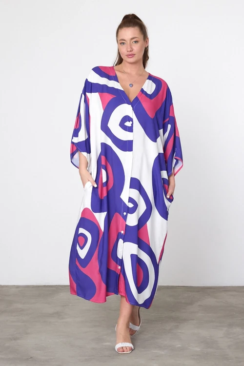 Maxi Boy Mor Baskılı Dokuma Viscon Elbise BCVL-25905