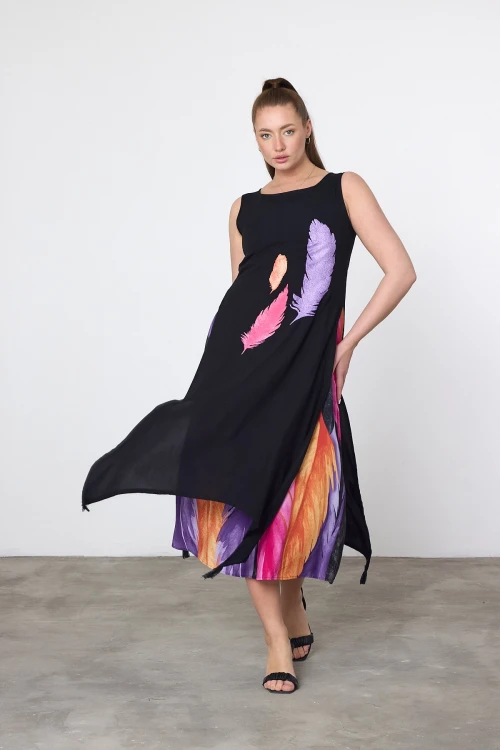 Maxi Boy Mor Baskılı Parça Detaylı Viscon Elbise BCVL-252025