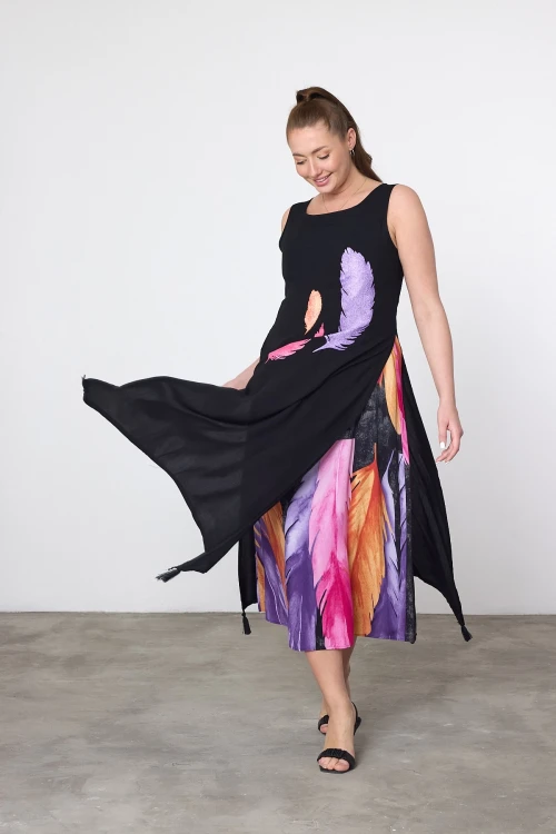 Maxi Boy Mor Baskılı Parça Detaylı Viscon Elbise BCVL-252025