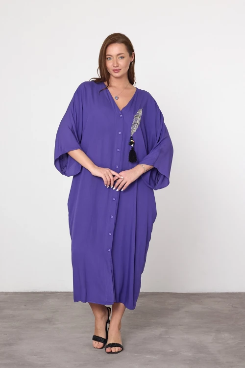 Maxi Boy Mor Nakış İşlemeli Dokuma Viscon Elbise BCVL-25V039