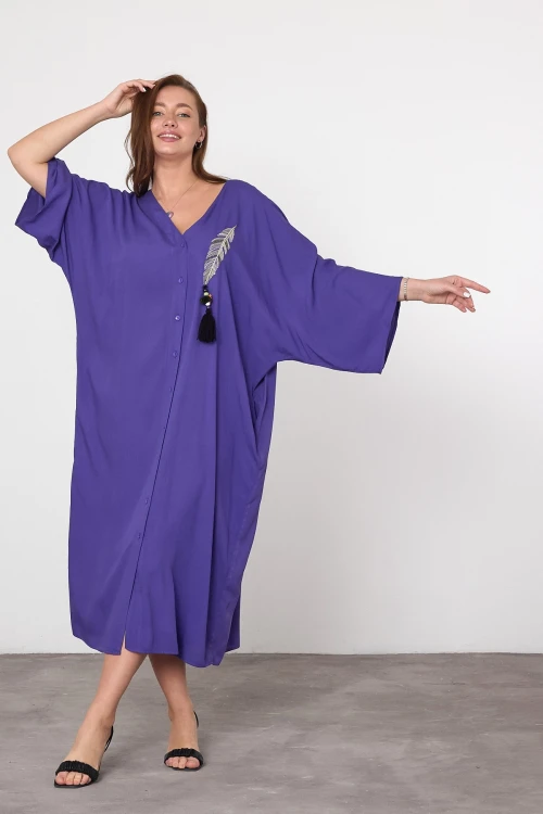 Maxi Boy Mor Nakış İşlemeli Dokuma Viscon Elbise BCVL-25V039