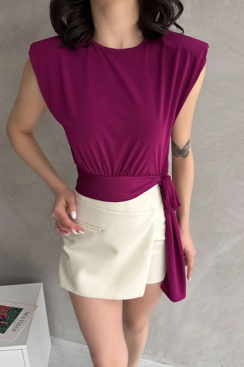 Mor Omuzu Vatkalı Beli Kuşaklı Bluz BCDF-252160