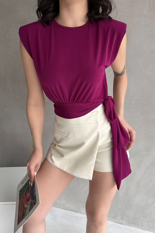 Mor Omuzu Vatkalı Beli Kuşaklı Bluz BCDF-252160