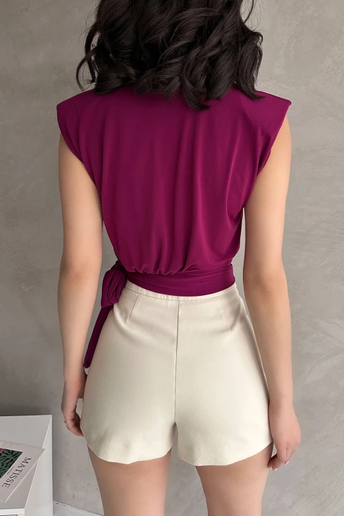 Mor Omuzu Vatkalı Beli Kuşaklı Bluz BCDF-252160