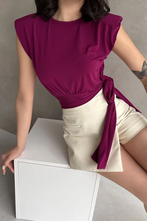 Mor Omuzu Vatkalı Beli Kuşaklı Bluz BCDF-252160