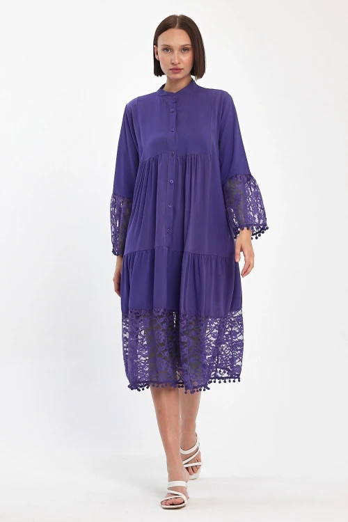 Mor Tül Detaylı Uzun Boy Dokuma Viscon Elbise