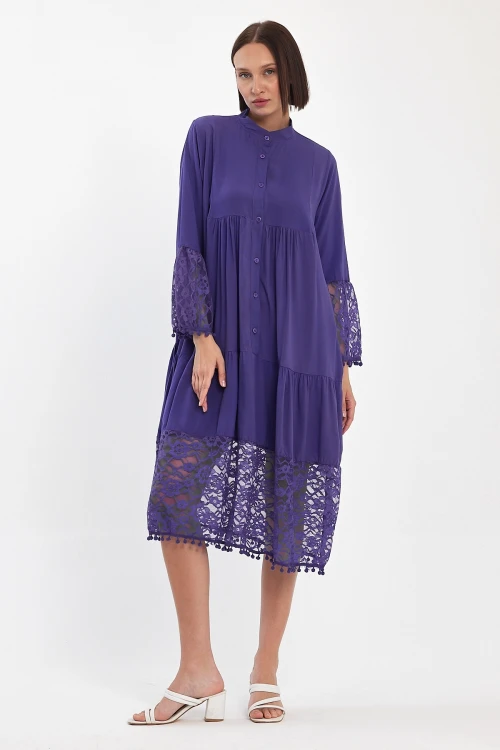 Mor Tül Detaylı Uzun Boy Dokuma Viscon Elbise