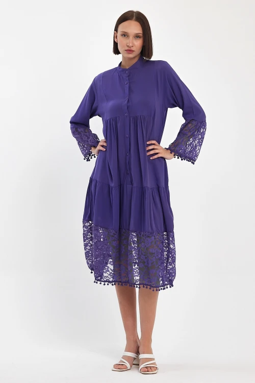 Mor Tül Detaylı Uzun Boy Dokuma Viscon Elbise