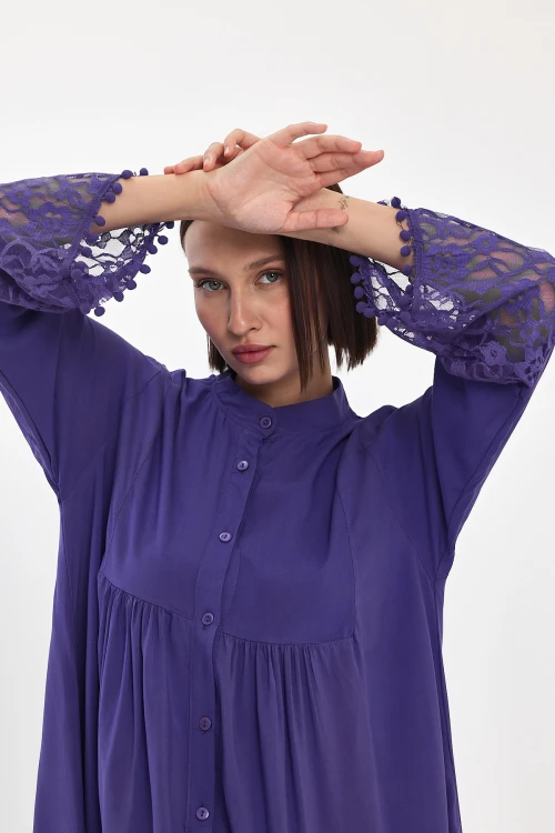 Mor Tül Detaylı Uzun Boy Dokuma Viscon Elbise