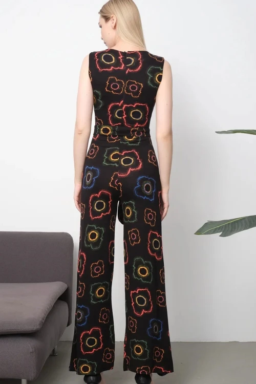 Multi Desenli Beli Kuşaklı Örme Viscon Tulum BCVS-252087