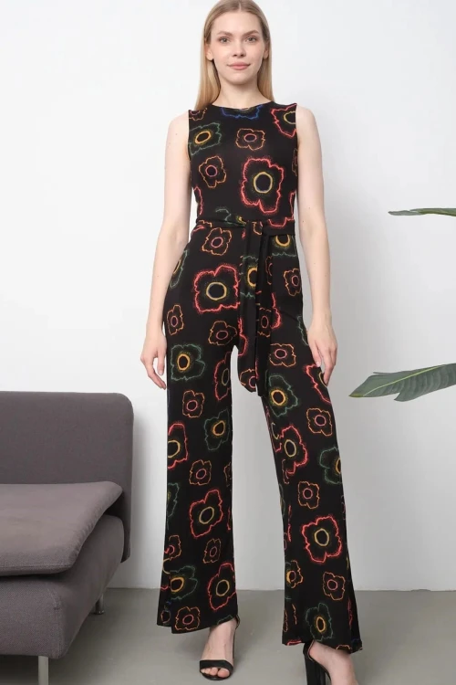 Multi Desenli Beli Kuşaklı Örme Viscon Tulum BCVS-252087