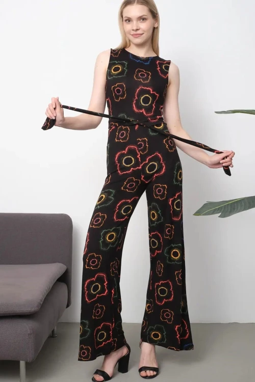 Multi Desenli Beli Kuşaklı Örme Viscon Tulum BCVS-252087