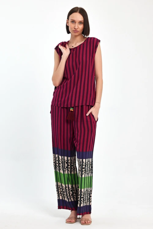 Maxi Boy Mürdüm Baskılı Kimono Ve Pantolon Dokuma Viscon Alt Üst Takım BCVL-251042