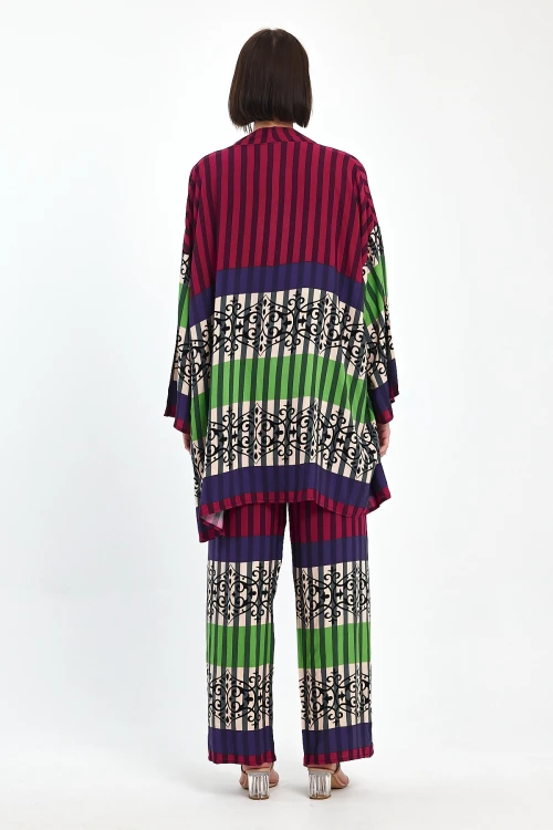 Maxi Boy Mürdüm Baskılı Kimono Ve Pantolon Dokuma Viscon Alt Üst Takım BCVL-251042