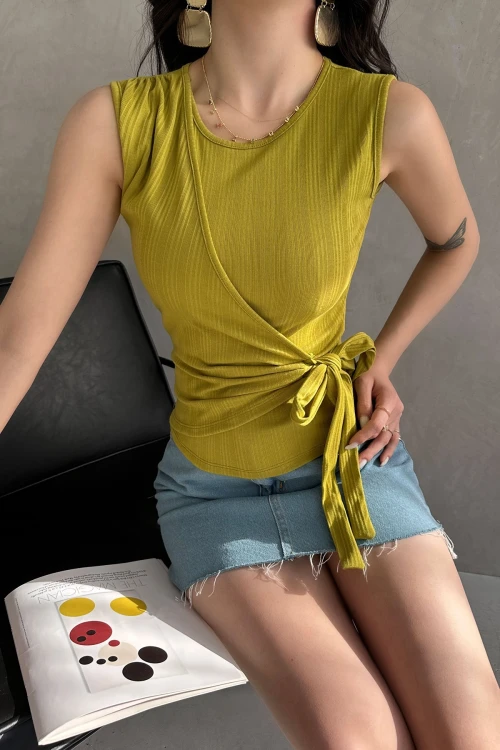 Olive Askılı Önü Kruvaze Bağlamalı Bluz BCDF-252180