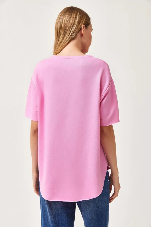 Pembe Bisiklet Yaka Oys Modal Oval Kesim Yumuşak Dokulu Basic T-Shirt BC241115