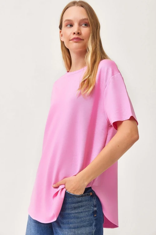 Pembe Bisiklet Yaka Oys Modal Oval Kesim Yumuşak Dokulu Basic T-Shirt BC241115