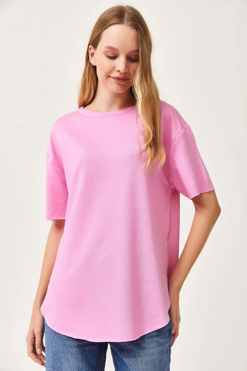 Pembe Bisiklet Yaka Oys Modal Oval Kesim Yumuşak Dokulu Basic T-Shirt BC241115