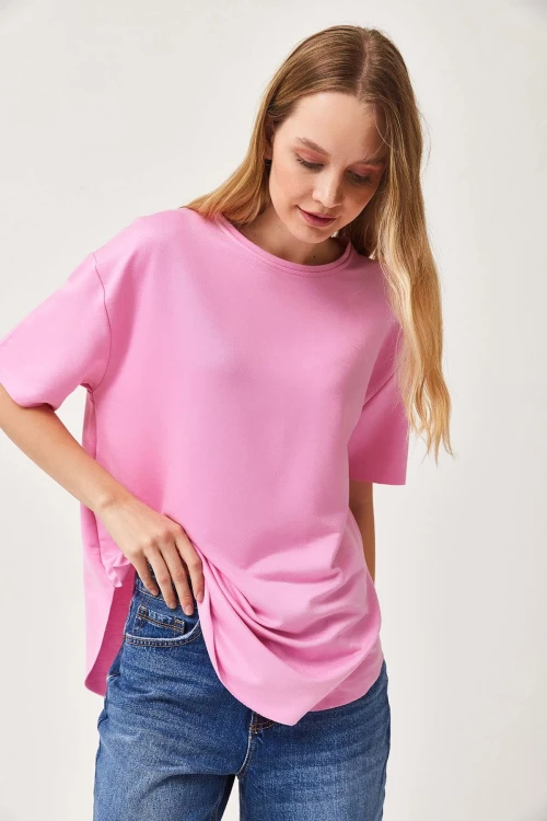 Pembe Bisiklet Yaka Oys Modal Oval Kesim Yumuşak Dokulu Basic T-Shirt BC241115