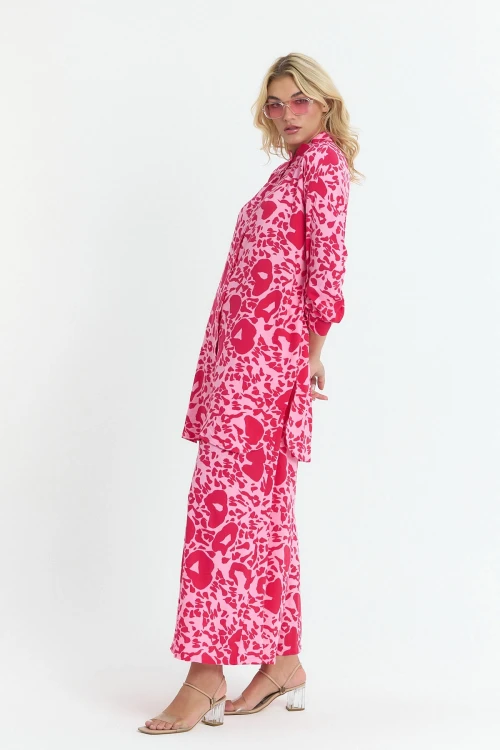 Pembe Çiçek Desenli Uzun Tunik Ve Pantolon Dokuma Viscon Alt Üst Takım BCVL-25V053-2
