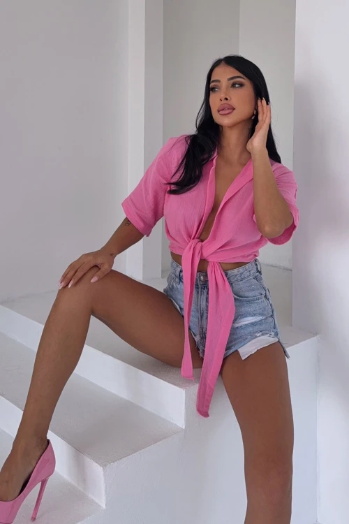 Pembe Müslin Keten Bağlamalı Bluz BCBT-251000