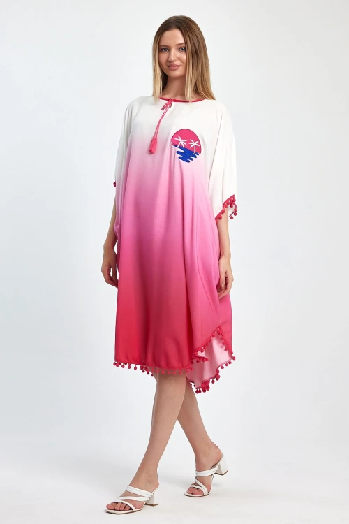 Pembe Nakış İşlemeli Püsküllü Dokuma Viscon Elbise