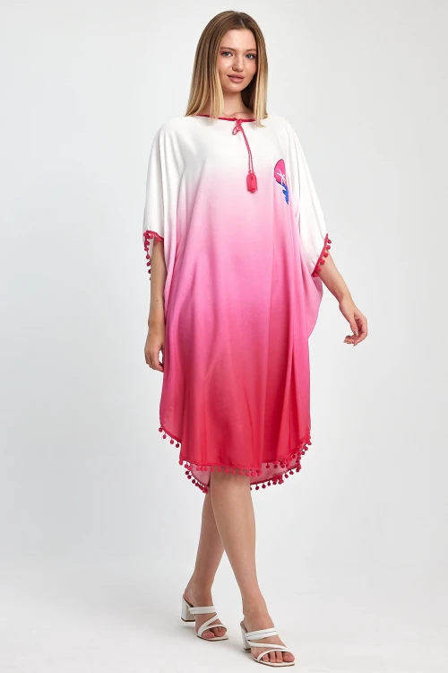 Pembe Nakış İşlemeli Püsküllü Dokuma Viscon Elbise