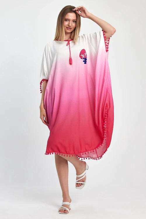 Pembe Nakış İşlemeli Püsküllü Dokuma Viscon Elbise