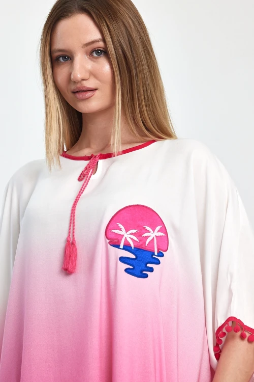 Pembe Nakış İşlemeli Püsküllü Dokuma Viscon Elbise