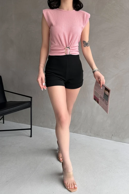 Pudra Omuzu Vatkalı Beli Kemerli Bürümcük Bluz BCDF-252164