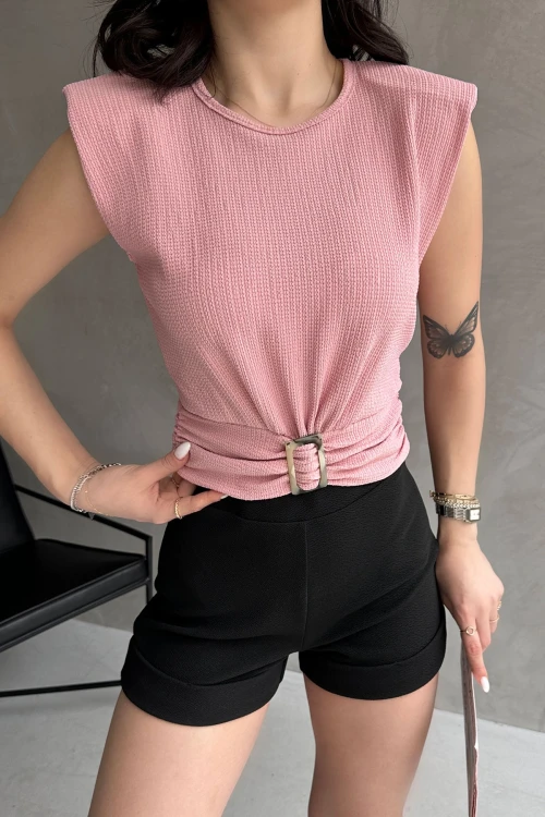 Pudra Omuzu Vatkalı Beli Kemerli Bürümcük Bluz BCDF-252164