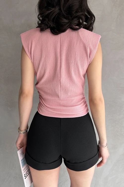 Pudra Omuzu Vatkalı Beli Kemerli Bürümcük Bluz BCDF-252164