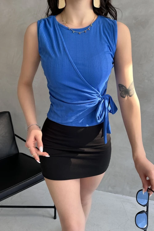 Saks Askılı Önü Kruvaze Bağlamalı Bluz BCDF-252180