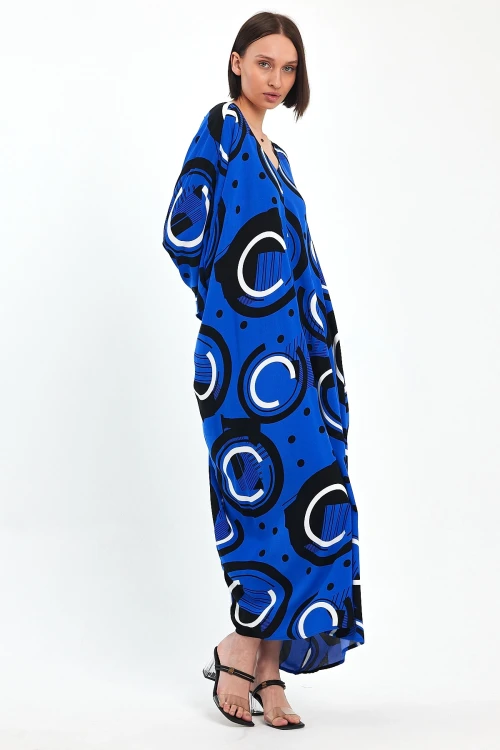 Maxi Boy Saks Baskılı Dokuma Viscon Elbise BCVL-251067