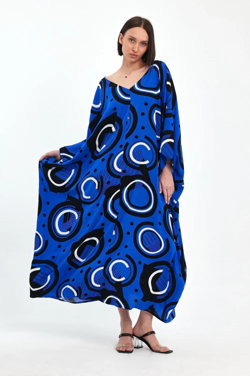 Maxi Boy Saks Baskılı Dokuma Viscon Elbise BCVL-251067