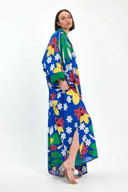 Maxi Boy Saks Baskılı Dokuma Viscon Elbise BCVL-251069