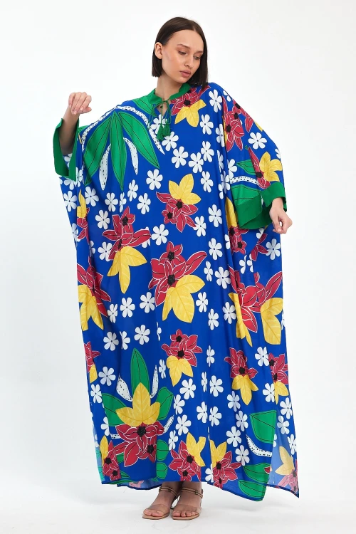 Maxi Boy Saks Baskılı Dokuma Viscon Elbise BCVL-251069