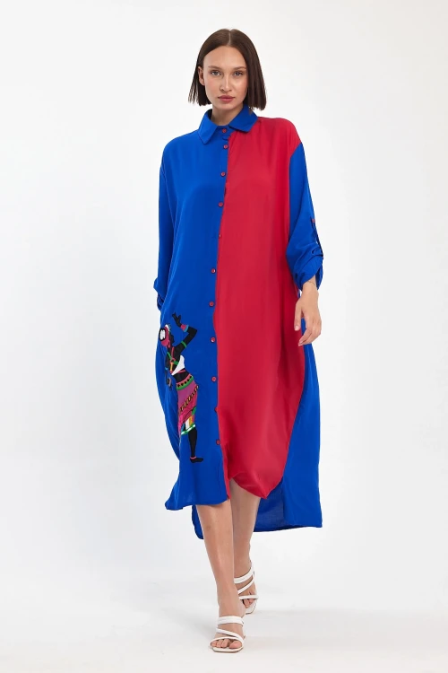 Maxi Boy Saks Nakış İşlemeli Dokuma Viscon Elbise BCVL-25991