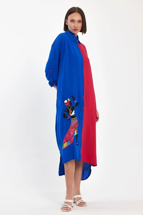 Maxi Boy Saks Nakış İşlemeli Dokuma Viscon Elbise BCVL-25991