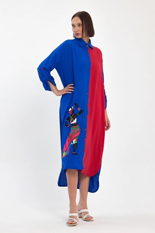 Maxi Boy Saks Nakış İşlemeli Dokuma Viscon Elbise BCVL-25991