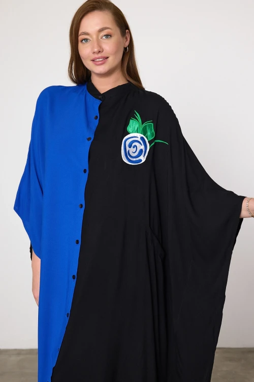 Maxi Boy Saks Nakış İşlemeli Dokuma Viscon Elbise BCVL-25994