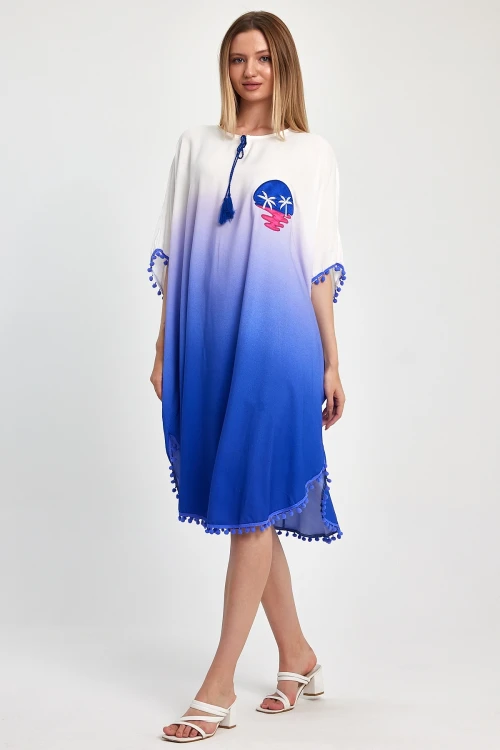 Saks Nakış İşlemeli Püsküllü Dokuma Viscon Elbise